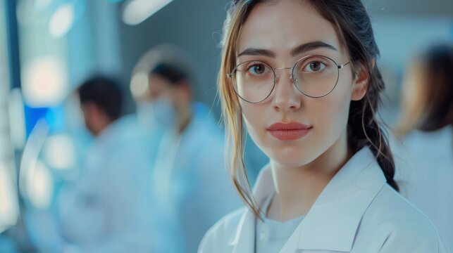 Portrait of a young female scientist in a lab coat and glasses