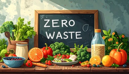 An illustration depicting a wooden table laden with various fruits, vegetables, and jars. A chalkboard behind displays "ZERO WASTE