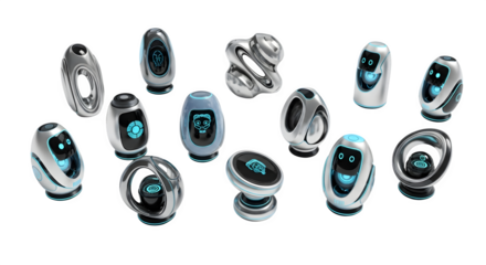 Collection of futuristic robot characters isolated on transparent background