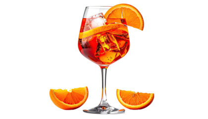 Orange cocktail in a wine glass with ice on black