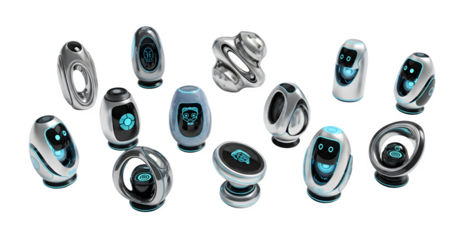 Collection of futuristic robot characters isolated on transparent background