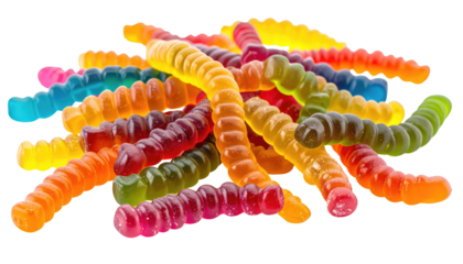 Pile of assorted colorful, gummy worm candies on a black backdrop