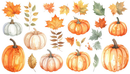 Fall's watercolor pumpkins, maples, & leafy sprigs scattered