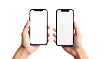 Hands hold two blank-screen smartphones on a pure black backdrop