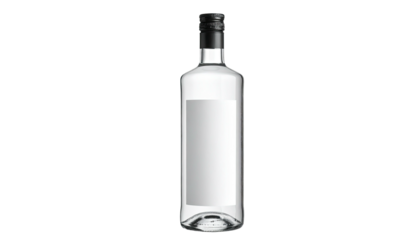 Clear liquor bottle with blank label against a black backdrop