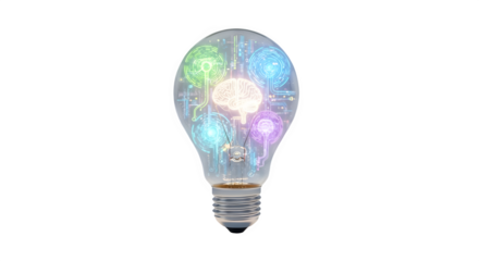 Light bulb with brain inside isolated on transparent background