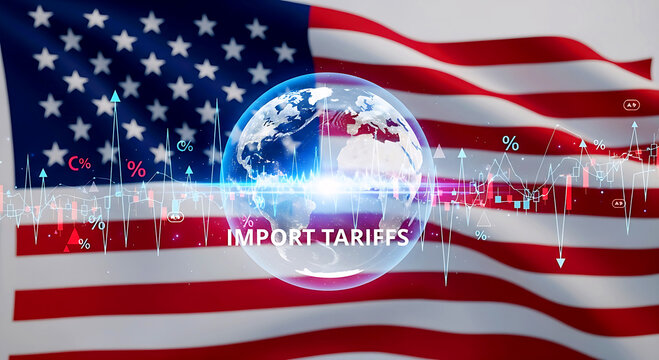 American flag background with holographic data globe and import tariff analytics, symbolizing trade, economy, and globalization.