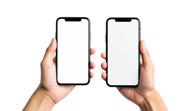 Hands hold two blank-screen smartphones on a pure black backdrop