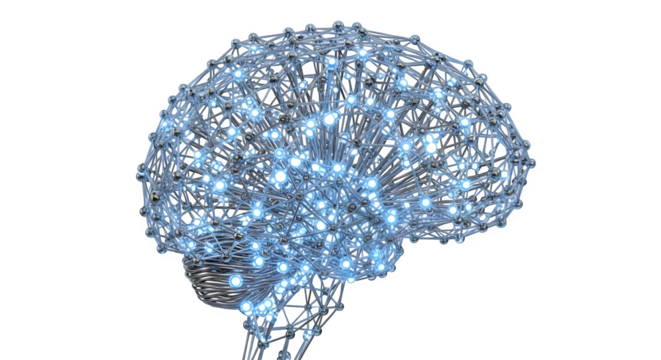 Wireframe brain model with glowing nodes isolated on transparent background