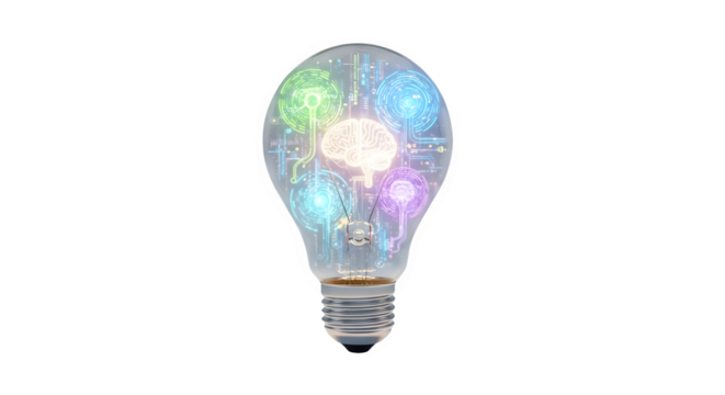 Light bulb with brain inside isolated on transparent background - Powered by Adobe