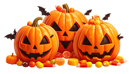 Carved Halloween pumpkins surrounded by candy and bats