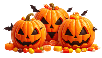 Carved Halloween pumpkins surrounded by candy and bats