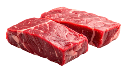 Two raw, rectangular cuts of red meat with visible marbling