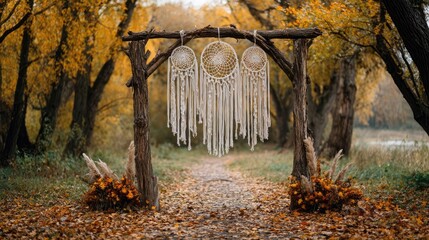 Boho style wedding arch with dream catchers in early autumn concept. Beautiful dreamcatchers hanging in a serene autumn forest.