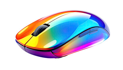 Gleaming rainbow computer mouse on black, side angled view