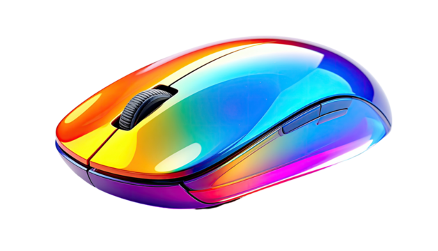 Gleaming rainbow computer mouse on black, side angled view