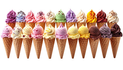 Row of many flavor-packed, colorful ice cream cones
