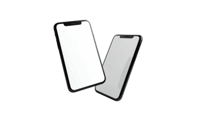 Two modern smartphones float, blank screens, black frames