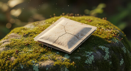 Ancient map rests on mossy forest stone