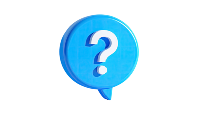 Blue chat bubble with a white question mark, set on black