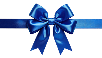 Satin blue ribbon bow centered on a horizontal ribbon strand