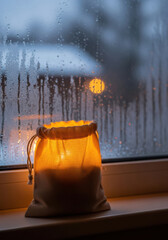 Cozy candle glow on a steamy window pane