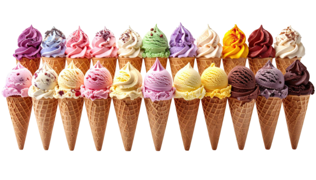Row of many flavor-packed, colorful ice cream cones