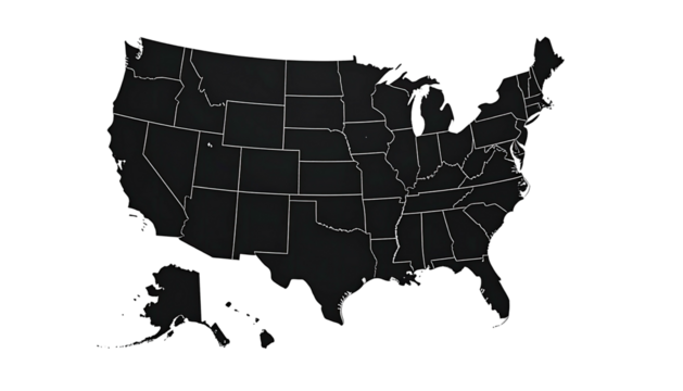 US map outline in dark gray against a black background