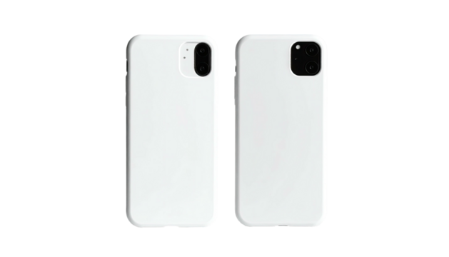Two white phone cases shown, front and back, on a black backdrop