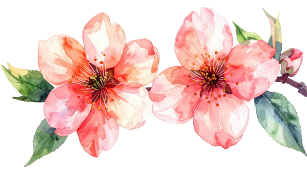 Watercolor painting of two pink flowers with green leaves