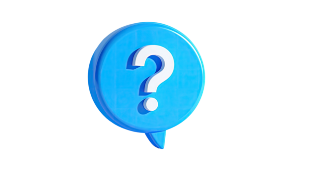 Blue chat bubble with a white question mark, set on black