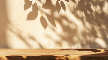 Wooden table with leaf shadows on beige wall