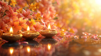 Vibrant Floral Diwali Background with Glowing Oil Lamps Diya and Golden Light 