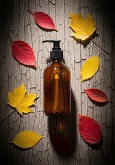 Autumn leaves surround amber pump bottle on wood