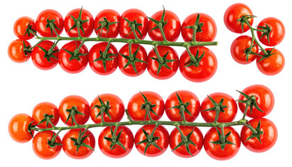 Two trusses of vibrant red cherry tomatoes on a dark surface