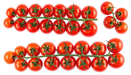 Two trusses of vibrant red cherry tomatoes on a dark surface