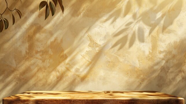 Wooden table with leaf shadows on a beige wall