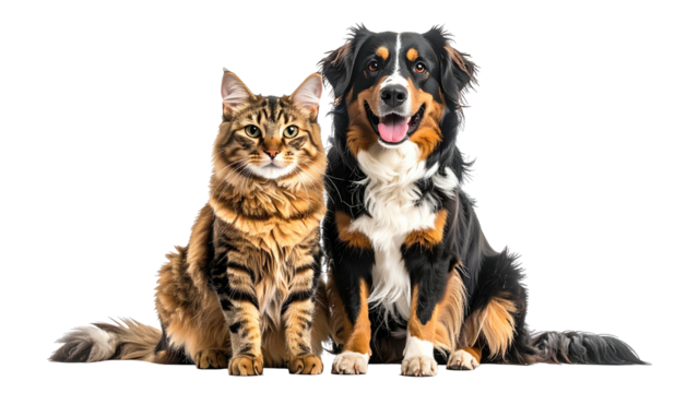 Cat and dog posing together. Black background, studio lighting