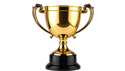 Gleaming gold trophy on a dark, glossy stand