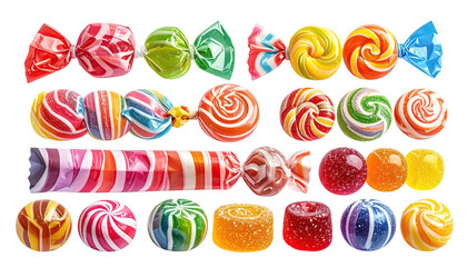 Assorted wrapped candies in varied colors and striped designs