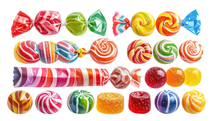 Assorted wrapped candies in varied colors and striped designs