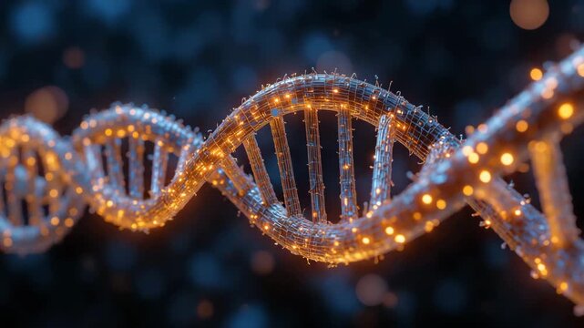 Color 3D render of a DNA helix molecule on a black background with a fractal pattern for a science and biology