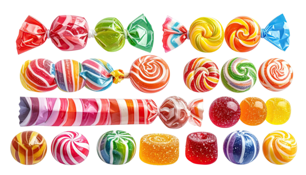 Assorted wrapped candies in varied colors and striped designs