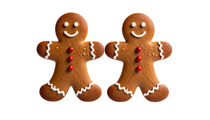 Two gingerbread men cookies, decorated. Black background