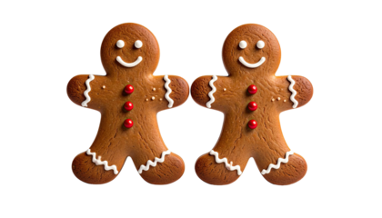 Two gingerbread men cookies, decorated. Black background