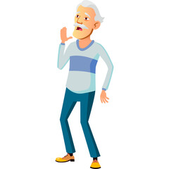 Pixelated Elderly Asian Man With Gray Hair And Mustache Wearing A Light Blue Sweater And Dark Blue Pants Expressing Surprise With One Hand Near His Mouth Against A White Background