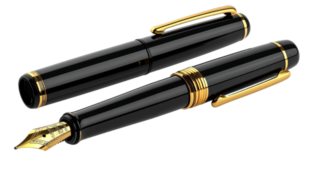 Two black pens with gold trim against a dark background
