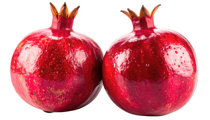 Pair of pomegranates, ripe, red, and textured on a black backdrop