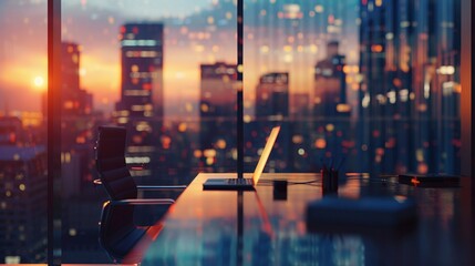 Laptop on desk overlooking stunning city sunset