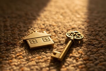 Close-up shot of a house-shaped keychain and a decorative key on a carpet.